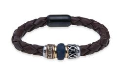 MB225X Pulsera PLATA DE PALO de cuero trenzado con resina azul, bronce y acero inoxidable