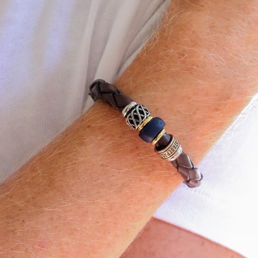 MB225X Pulsera PLATA DE PALO de cuero trenzado con resina azul, bronce y acero inoxidable