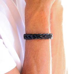 MB231X Pulsera Plata de Palo unisex de cuero negro trenzado discreta y elegante