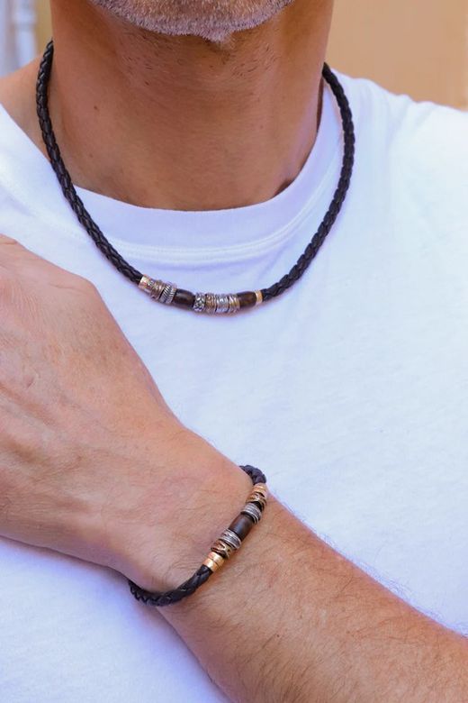 MB4H Pulsera Plata de Palo hombre de cuero trenzado, plata, bronce