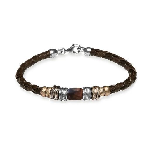 MB4H Pulsera Plata de Palo hombre de cuero trenzado, plata, bronce