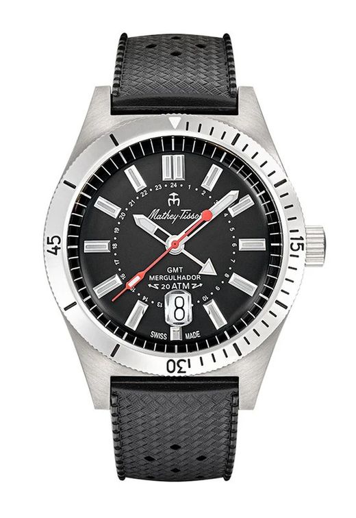 Mergulhador GMT MRGAN Reloj Mathey Tissot de hombre caja acero inoxidable 316L correa de piel cristal acabado zafiro diseño sólido y compacto acuático a 200m (20ATM)
