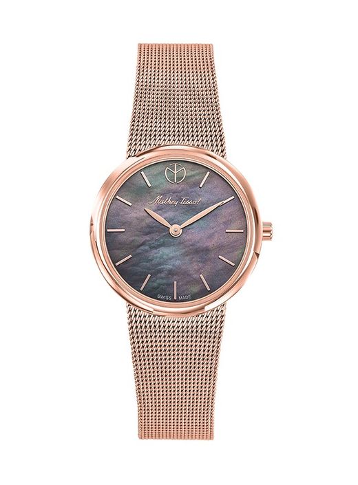 Reloj Mathey tissot mujer Gold rose PVD Milly Ref D403PN caja en oro rose PVD 316L, cristal recubierto de zafiro, esfera madreperla pulsera malla milanesa Swiis Made