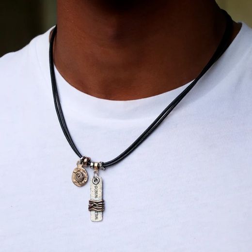 MN022X Collar Calderon Plata de Palo de hombre artesanal de cuero, plata de ley y bronce