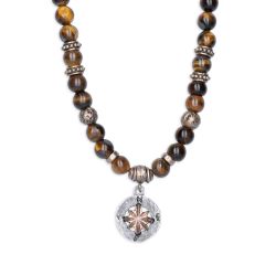 MN033X Collar PLATA DE PALO de hombre Duna brújula de Ojo de Tigre, Bronce y Plata 925