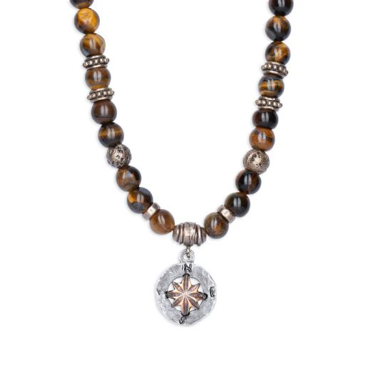 MN033X Collar PLATA DE PALO de hombre Duna brújula de Ojo de Tigre, Bronce y Plata 925
