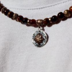 MN033X Collar PLATA DE PALO de hombre Duna brújula de Ojo de Tigre, Bronce y Plata 925