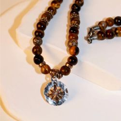 MN033X Collar PLATA DE PALO de hombre Duna brújula de Ojo de Tigre, Bronce y Plata 925