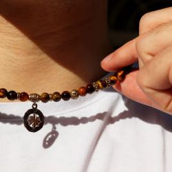 MN033X Collar PLATA DE PALO de hombre Duna brújula de Ojo de Tigre, Bronce y Plata 925