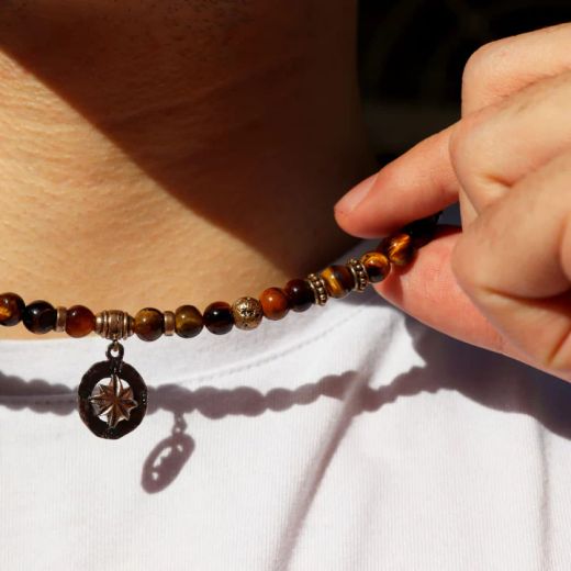 MN033X Collar PLATA DE PALO de hombre Duna brújula de Ojo de Tigre, Bronce y Plata 925