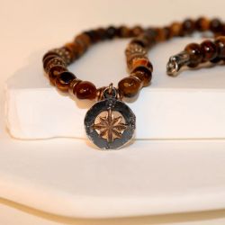 MN033X Collar PLATA DE PALO de hombre Duna brújula de Ojo de Tigre, Bronce y Plata 925