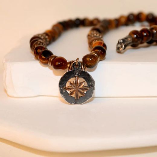MN033X Collar PLATA DE PALO de hombre Duna brújula de Ojo de Tigre, Bronce y Plata 925
