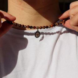 MN033X Collar PLATA DE PALO de hombre Duna brújula de Ojo de Tigre, Bronce y Plata 925