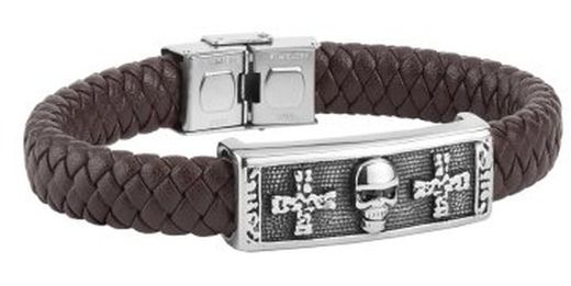 Pulsera hombre modelo Mont Blanc Ref DT3097.02 pulsera de cuero con una calavera central y dos cruces en cada lado en acero inoxidable 316L