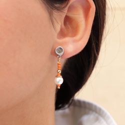 Pendientes Plata de Palo para mujer de bolas naranja con perla Referencia:WE186O elegantes y modernos