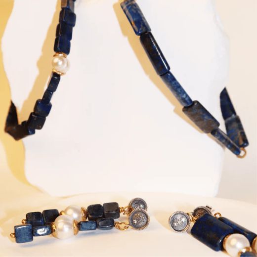 Pendientes PLATA DE PALO de Mujer colección Ambrosia perlas blancas y lapislázuli
