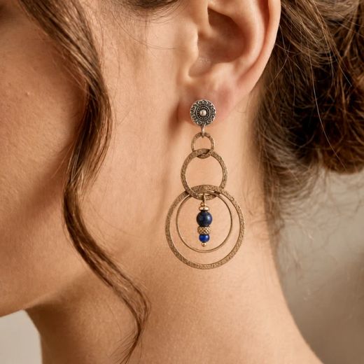 WE316X Pendientes Bucas Plata de Palo Mujer Malaquita, Turquesa, Cornalina, Lapislázuli, bronce y cierre de Plata 925.