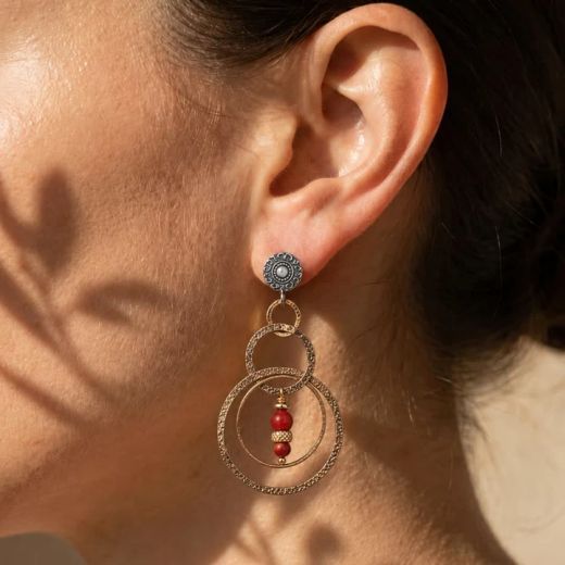 WE316X Pendientes Bucas Plata de Palo Mujer Malaquita, Turquesa, Cornalina, Lapislázuli, bronce y cierre de Plata 925.