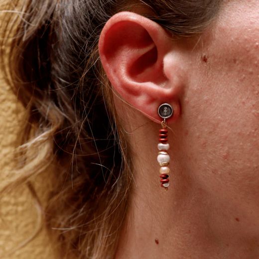 Pendientes PLATA DE PALO de Mujer colección Corina con perla blanca y cornalina