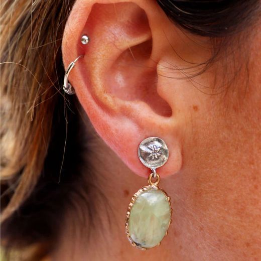 WE284X Pendientes PLATA DE PALO mujer de plata y piedra ovalada prehnita renovados