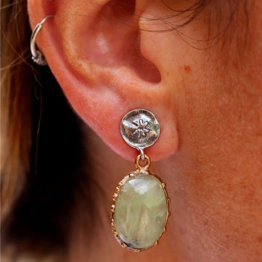 WE284X Pendientes PLATA DE PALO mujer de plata y piedra ovalada prehnita renovados