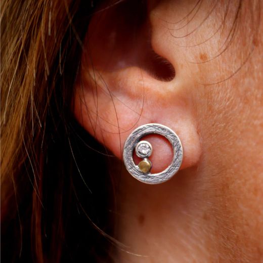 WE265X Pendientes Plata de Palo originales Mujer colección Enso con círculo de plata 925 un punto de bronce y circonita