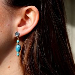 WE294X Pendientes Plata de Palo mujer Safi en plata de ley, Turquesa, Bronce y Ojo de tigre azul