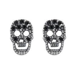 SE007X Pendientes PLATA DE PALO unisex con calavera de plata y circonitas negras