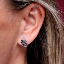 SE007X Pendientes PLATA DE PALO unisex con calavera de plata y circonitas negras