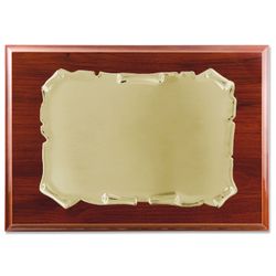 PL445 Placa homenaje tipo pergamino en acero dorado y madera de nogal