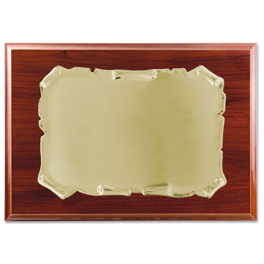 PL445 Placa homenaje tipo pergamino en acero dorado y madera de nogal