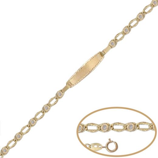 PU1136 Pulsera oro 18k infantil de bebé con placa oro para el grabado y circonitas