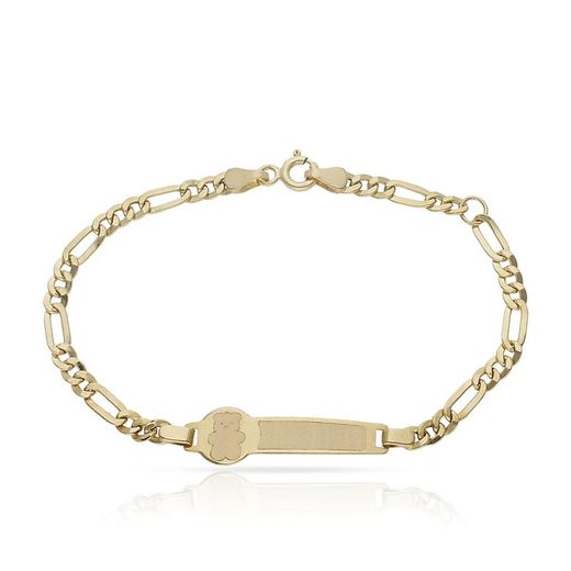 PU1263 Pulsera en oro 18 K de bebe o comunión con Oso. Modelo de cadena con eslabón 3x1 fuerte y resistente. Largo 15,50 cm