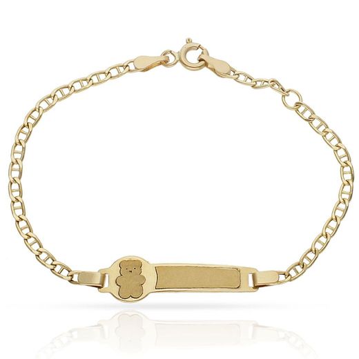 PU219 Esclava de bebé o para comunión en oro amarillo de 18K con cadena modelo ancla acabada en brillo con chapita rectangular con osito