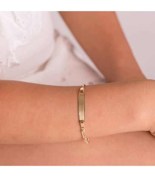 PU675 Pulsera oro bebé o comunión con placa matizada y bisel lapidado a mano modelo Fígaro