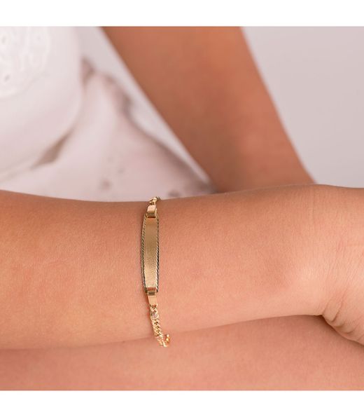 PU677 Esclava o pulsera de comunión o bebé con chapa acabado matizado y bordes tallados o lapidados cierre de mosquetón