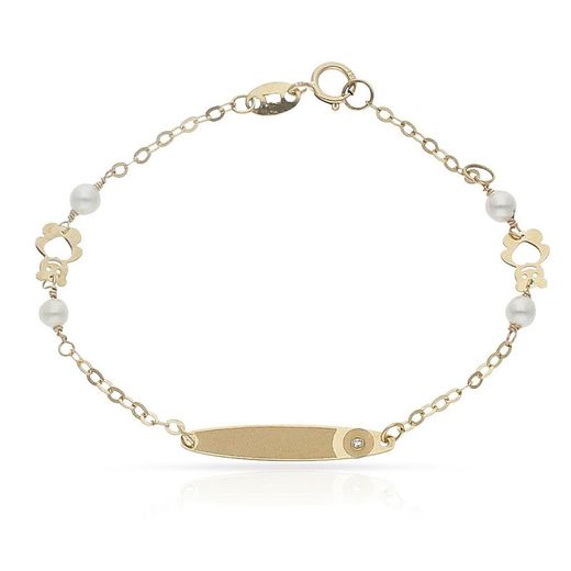 PU753 Pulsera oro 18k de bebé o de primera comunión con perlas, circonita y dos ositos calados