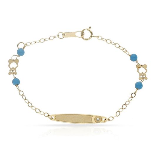 PU761 Pulsera oro 18k infantil de niña con circonita, turquesa y dos ositos calados