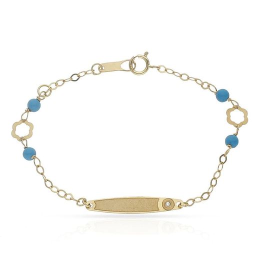 PU763 Pulsera niña de bebé en Oro de 18 K con circonita en la placa cadena con Turquesa sintética y motivos floral