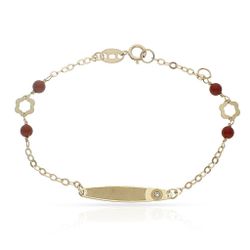 PU764 Pulsera infantil bebé niña en Oro de 18k con placa y circonita cadena decorada con coral sintético y motivo floral