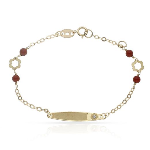 PU764 Pulsera infantil bebé niña en Oro de 18k con placa y circonita cadena decorada con coral sintético y motivo floral