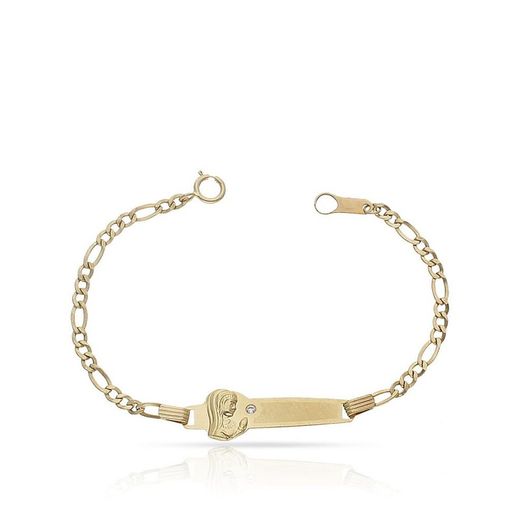 PU984 Pulsera infantil oro 18k Virgen niña con circonita y placa central para el grabado