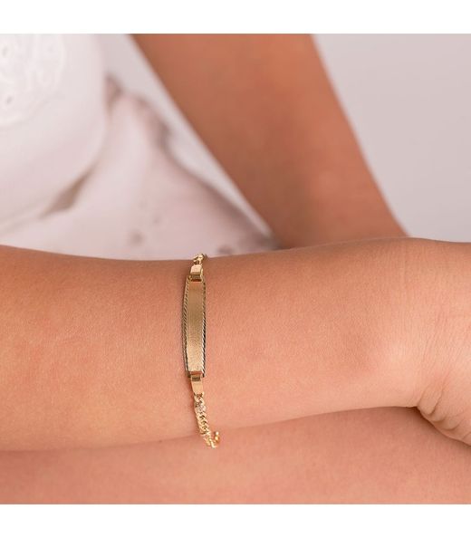 PU984 Pulsera infantil oro 18k Virgen niña con circonita y placa central para el grabado