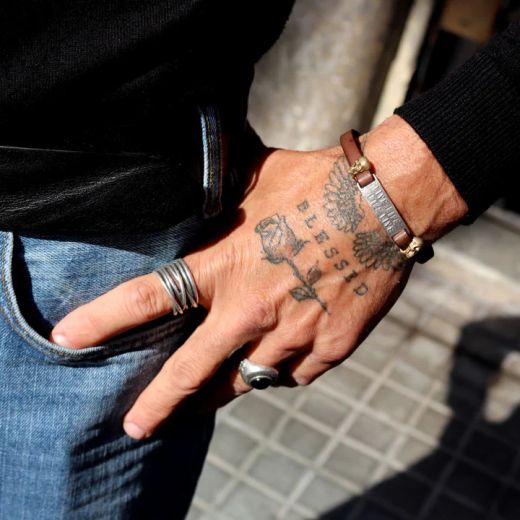 SB227X Pulsera Plata de Palo de hombre calavera modelo Gnawa de Plata 925, cuero y bronce