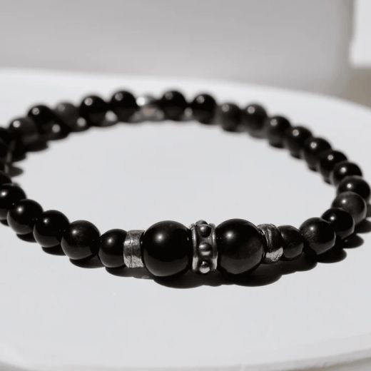 MB271X Pulsera Plata de Palo de bolas de hombre Nagare de obisidiana y plata de ley