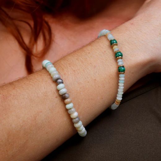 WB533X Pulsera PLATA DE PALO para mujer con piedras de amazonita y jade con piezas de bronce