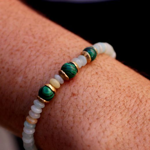 WB533X Pulsera PLATA DE PALO para mujer con piedras de amazonita y jade con piezas de bronce