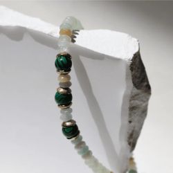 WB533X Pulsera PLATA DE PALO para mujer con piedras de amazonita y jade con piezas de bronce