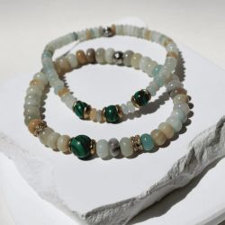 WB533X Pulsera PLATA DE PALO para mujer con piedras de amazonita y jade con piezas de bronce