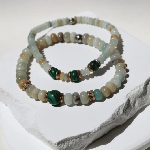 WB533X Pulsera PLATA DE PALO para mujer con piedras de amazonita y jade con piezas de bronce